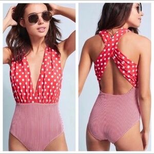 ANTHROPOLOGIE Allihop Plunge Swimsuit - Red Polka Dot and Stripes